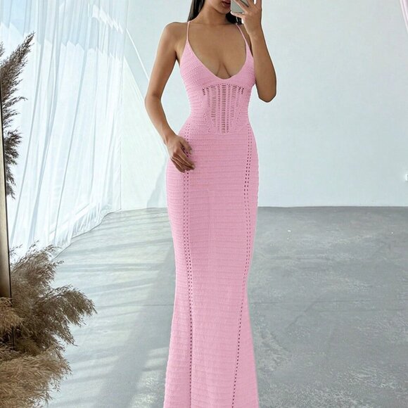 Pink Elegant Women's Deep V-Neck Criss-Cross Backless Fitted Long Crochet Dress - Picture 4 of 8